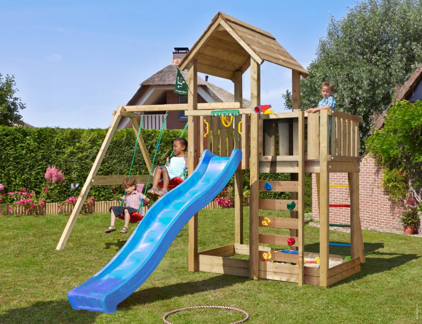 Legetårn Mansion 2.1, inkl. Swing modul, 120 kg sand, blå rutschebane